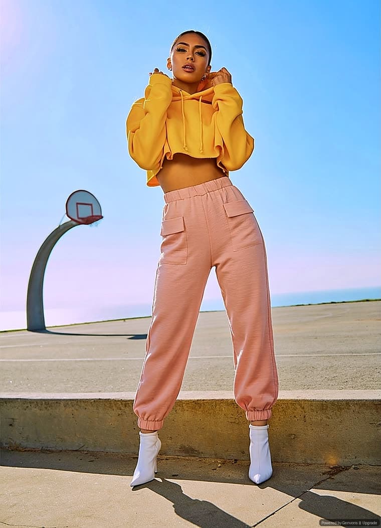 AI virtual try-on result: the shopper wearing the Blush Jogger Pants