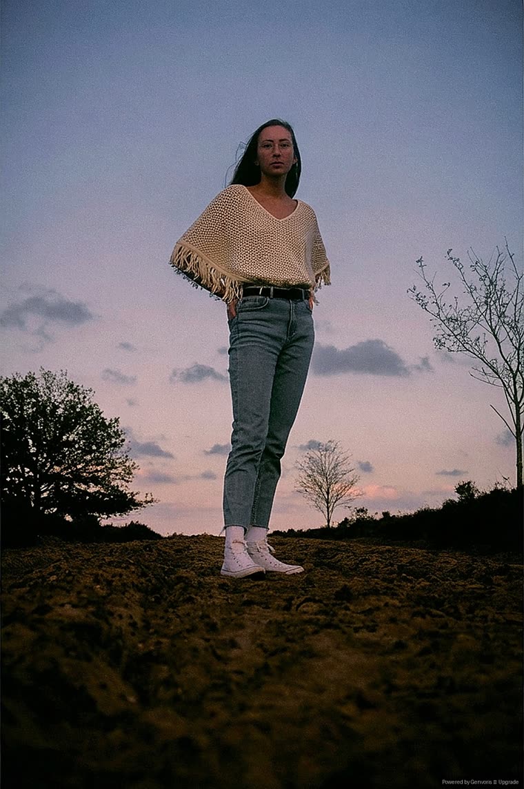 Virtual try-on result: the same shopper wearing a cream knit fringe poncho